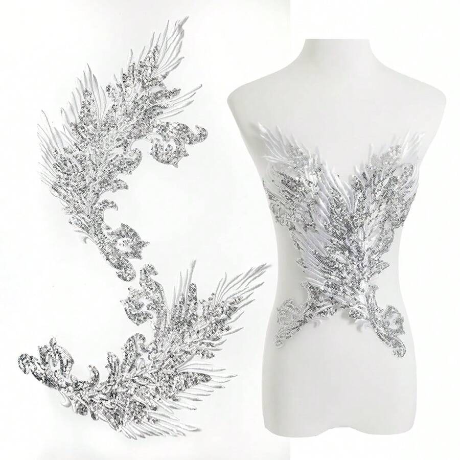 [Free Shipping]Silvora Pair Embroidery Phoenix Costume Sequin Appliques Patches, Peacock Feather Tail Applique Embellishments For Dance Dresses,Clothes,T-Shirt,Neckline Bodice Pants (Silver) - 銀色 - 查看 1