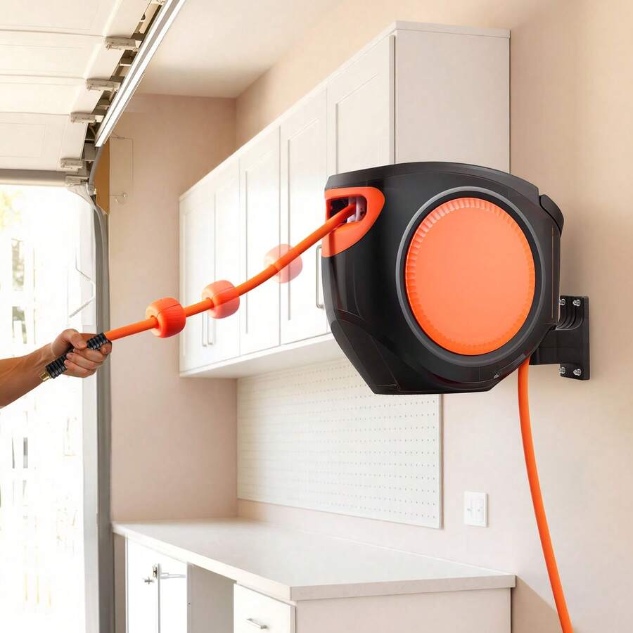 Bobina de manguera de aire retráctil, manguera de aire híbrida de 3/8 pulgadas x 80 pies Max 300PSI, bobina de mangueras de compresor de aire cerrada con rebobinado automático con plomo de 6,6 pies, montaje giratorio de techo / pared de 180 ° para talleres - 3/8 pulgadas x 80 pies - Ver 1