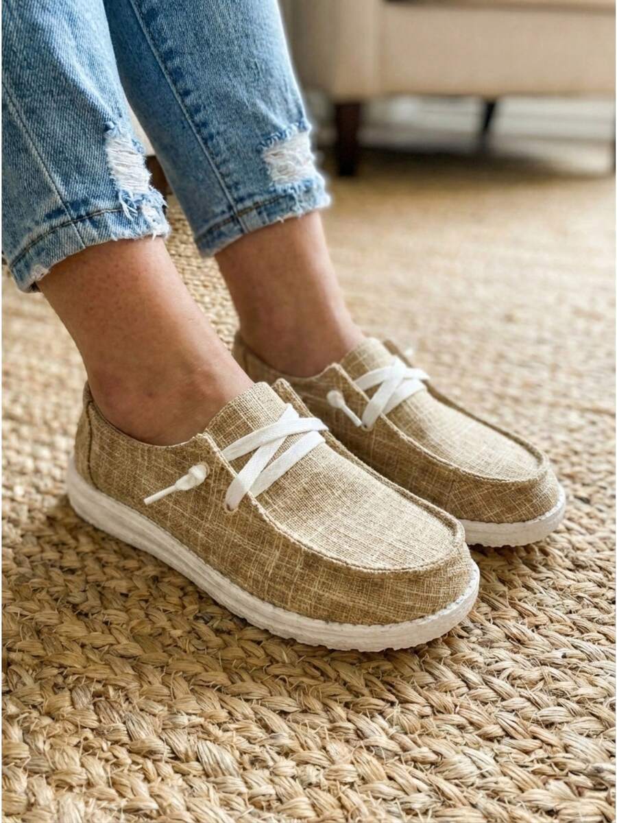 Women's Canvas Lace-Up Front Loafers, Casual Round Toe Slip On Flats, Breathable Soft Sole Walking Shoes, Low Top Lace-Up Casual Flats For Daily - K-1 - 查看 1
