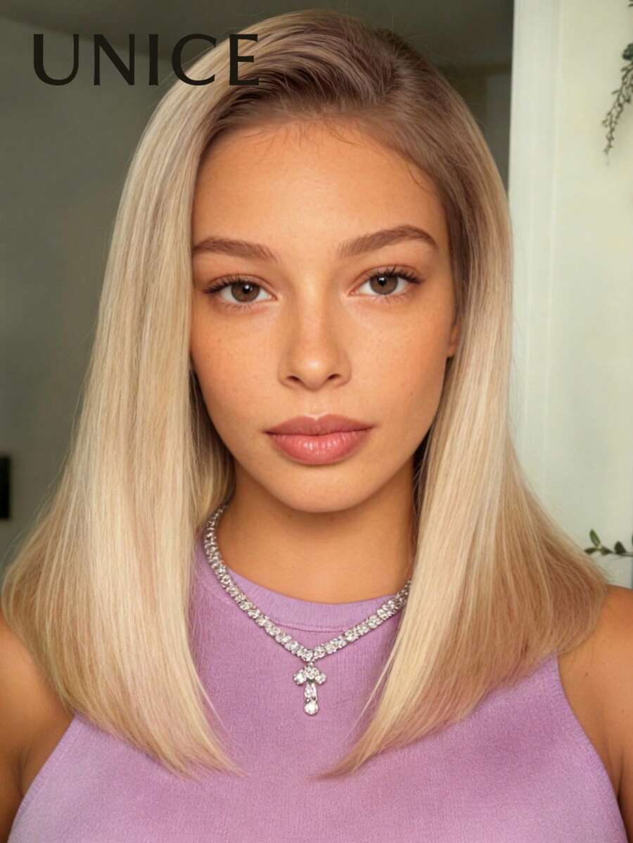 女士假发 100% 真人发 波波头假发 渐变蜂蜜金直发波波头假发 7x5 蕾丝封顶 预剪预漂 无胶假发 告别打结 蕾丝前额 金色发根中棕色 预剪预拔预漂 轻松佩戴 Unice Hair