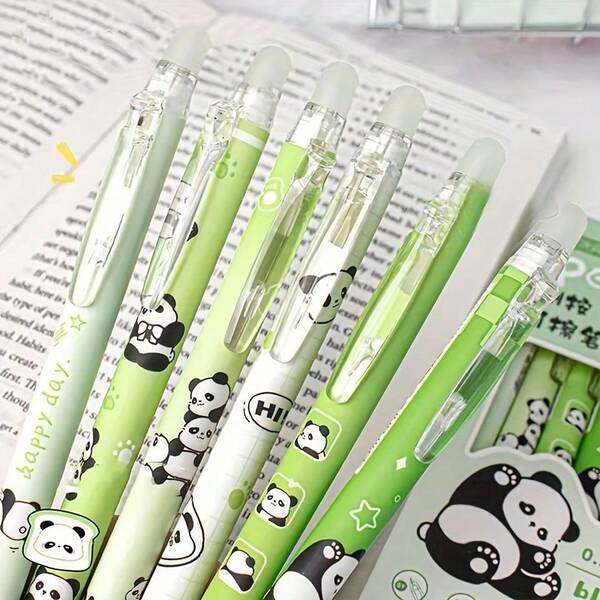 6pcs Panda Shaped Erasable Pens, Attractive Blue Ink Thermal Erasable Ballpoint Pens, 0.5mm Cartoon Press Style Neutral Pens, School/Office Supplies, Gift, Large Capacity Multi-Layer Pencil Case, Back To School Essential, Valentine's Day Gift