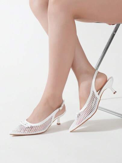 Charming Women's Sexy Bow Decor Pointed Toe Kitten Heels, Fashionable Elegant White High Heel Pumps, Suitable For Daily Wear, Wedding, Prom, Holiday, Exquisite Glamorous Fashion Shoes, Suitable For Halloween, Christmas, Autumn, Disco, Evening Party
