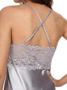 Women Silky Satin Nightgown Sexy Lace Chemise Lingerie Long Sleepdress For Ladies Sleepwear Slip Negligee 3073 - Charcoal Grey - View 4