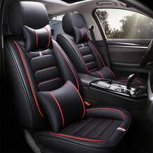 For 5 Seat Universal Luxury Faux Leather Waterproof Car Seat Cover Full Set Front Rear Back Cushion 360° Protector Interior Decor For Most Sedan Pickup Trucks Hatchbacks Suv Crossovers - 黑/紅 - 查看 1