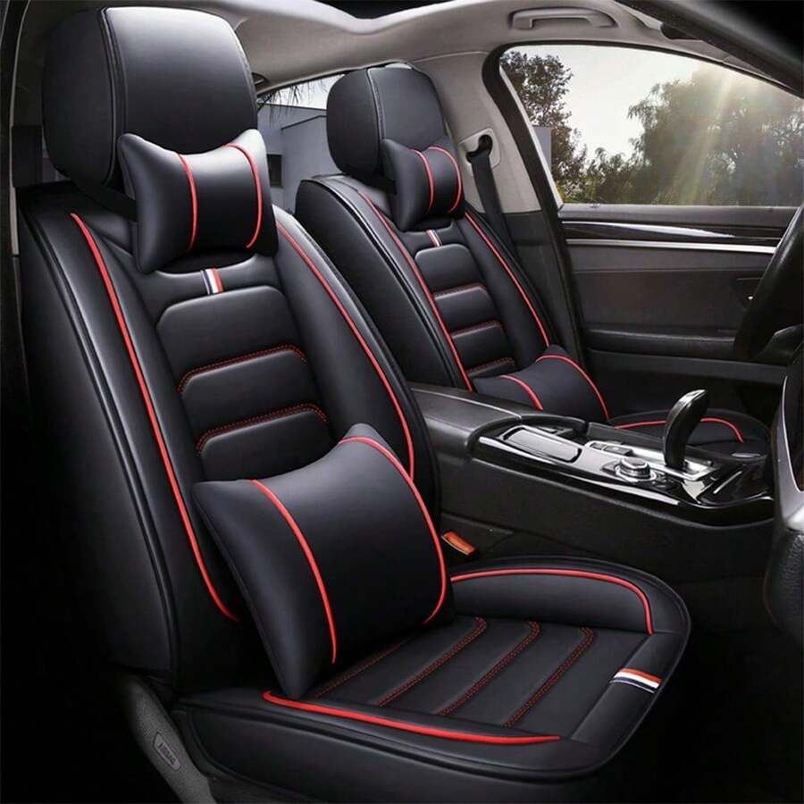 For 5 Seat Universal Luxury Faux Leather Waterproof Car Seat Cover Full Set Front Rear Back Cushion 360° Protector Interior Decor For Most Sedan Pickup Trucks Hatchbacks Suv Crossovers - 黑/紅 - 查看 1
