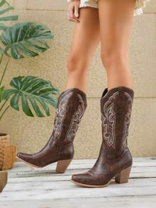 Women's Embroidered Western Cowboy Boots Casual Fashion Pointed Toe Chunky Heel Slip-On Mid Calf Party Cowgirl Boots For Spring - 棕色PU - 查看 6