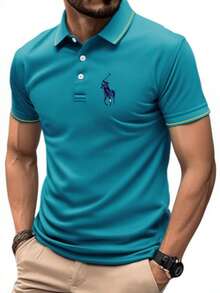 Men's Summer Short-Sleeved Golf Polo POLO Shirt, With Yellow Edges On The Collar And Cuffs, And A Classic Polo Riding Pattern On The Chest. The Simple Design Incorporates Classic Brand Elements. The Polyester Fabric Is Comfortable And Wrinkle-Resistant, Suitable For Daily Leisure And Light Business Scenes, Showing Men's Neat And Fashionable Temperament. - 藍色 - 查看 1