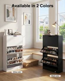 Shoe Cabinet With 3 Flip Drawers, Slim Wooden Shoe Storage Organizer For Entryway, Hallway & Living Room, Space-Saving Hidden Shoe Rack With Adjustable Shelves, Modern Entryway Furniture - 白色 - 查看 8