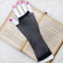 Black Fishnet Gloves - Long Elastic Lace Sleeves, Party Accessories, Black Nylon Fingerless Openwork, 1920s Women's Gloves, Black/Purple. - 黑色 - 查看 3