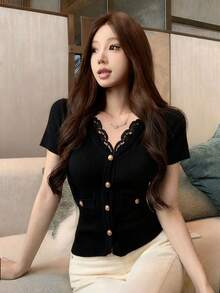 Lace V-Neck Metal Button Short Sleeve Cardigan, Fashionable And Elegant Knit Top - Black - View 1