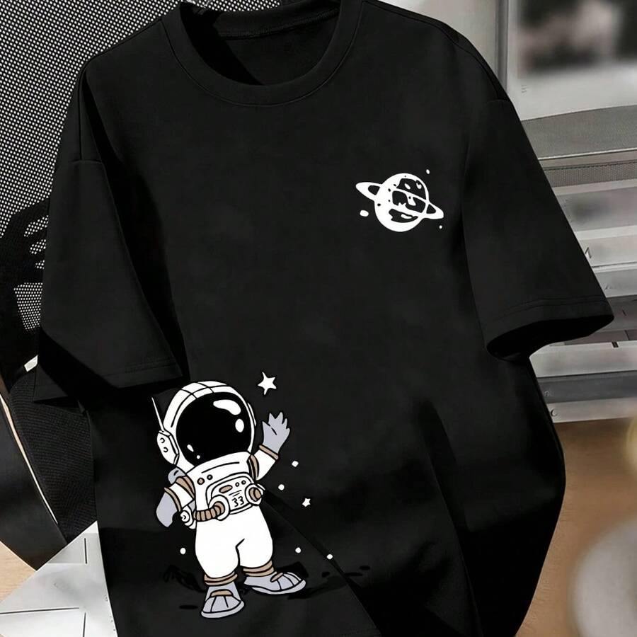 Boys' Short-Sleeved Casual Summer T-Shirt - 100% Cotton Children's T-Shirt With A Space Exploration Pattern, Suitable For Outdoor Sports In Spring And Summer, Available In Sizes 2 To 16 (Other Accessories Not Included). For Boys - Black - View 1