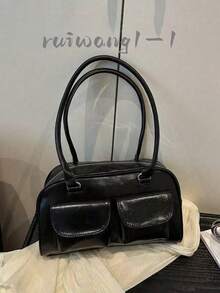 1pc Minimalist Retro Zipper Shoulder Bag With Pockets, Dual Handles, Suitable For Women's Casual Commute, Retro Style Handbag, Streetwear Fashion Shoulder Bag, Y2K Style - Black - View 10