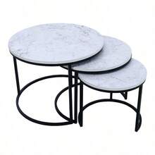 Modern Minimalist 3-Piece Nesting Side Table Set, Sofa Side Table, Living Room Center Coffee Table, Hotel Lobby Display Table, Reception Table, Multi-Purpose Storage Rack. White Marble-Patterned Wood Tabletop, Black Metal Frame, Can Be Stacked Or Placed Separately. - White Marbling - View 11