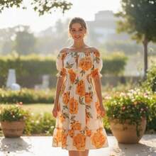 Short Dress Made From Duna Fabric With Short Sleeves. - Beige With Yellow Roses - View 3