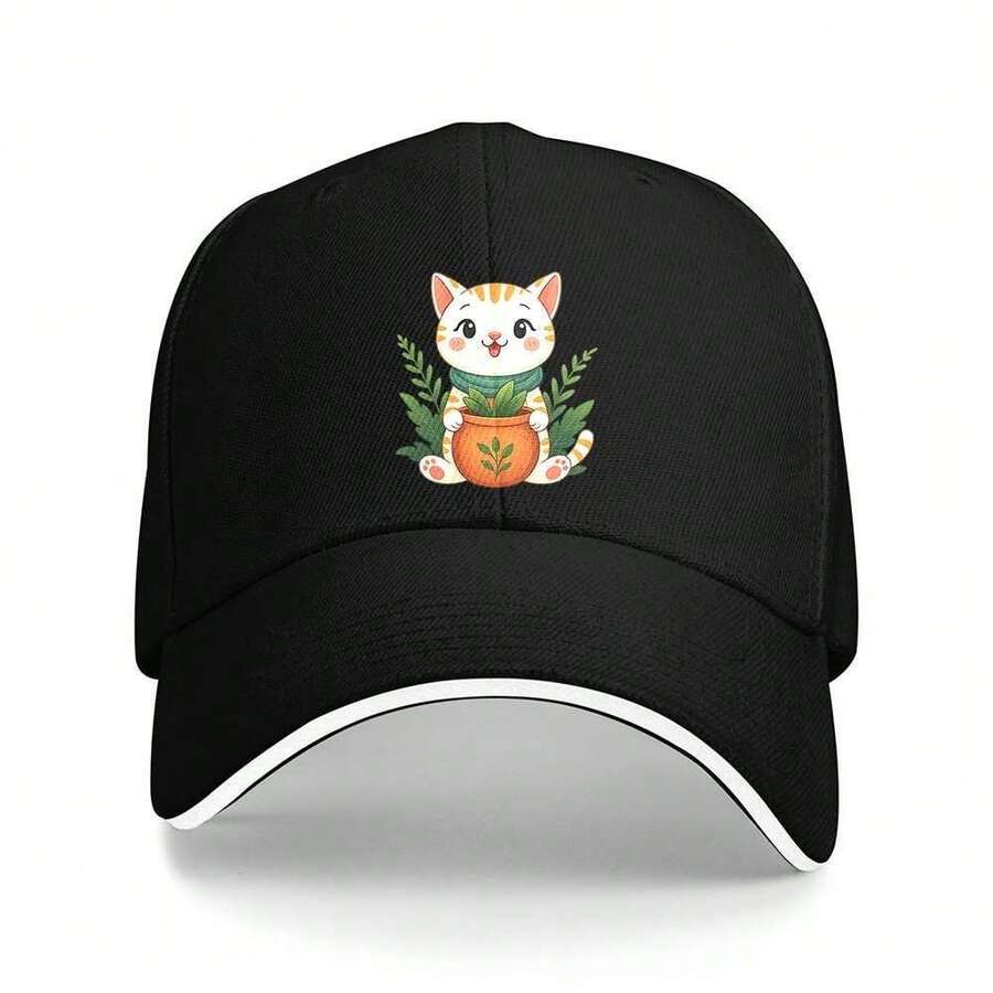 1 Adjustable Unisex Truck Hat With Cute Cat And Scarf Design, Green Plant Environment, Lightweight Polyester, Black With Colorful Decoration, Perfect For Outdoor Sports And Casual Wear, Casual Headwear| Fun Design| Lightweight Hat - 白色 - 查看 1