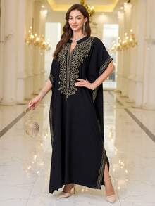 Black Embroidered Dress Thobe For Women House Dress Kaftan - Black - View 9