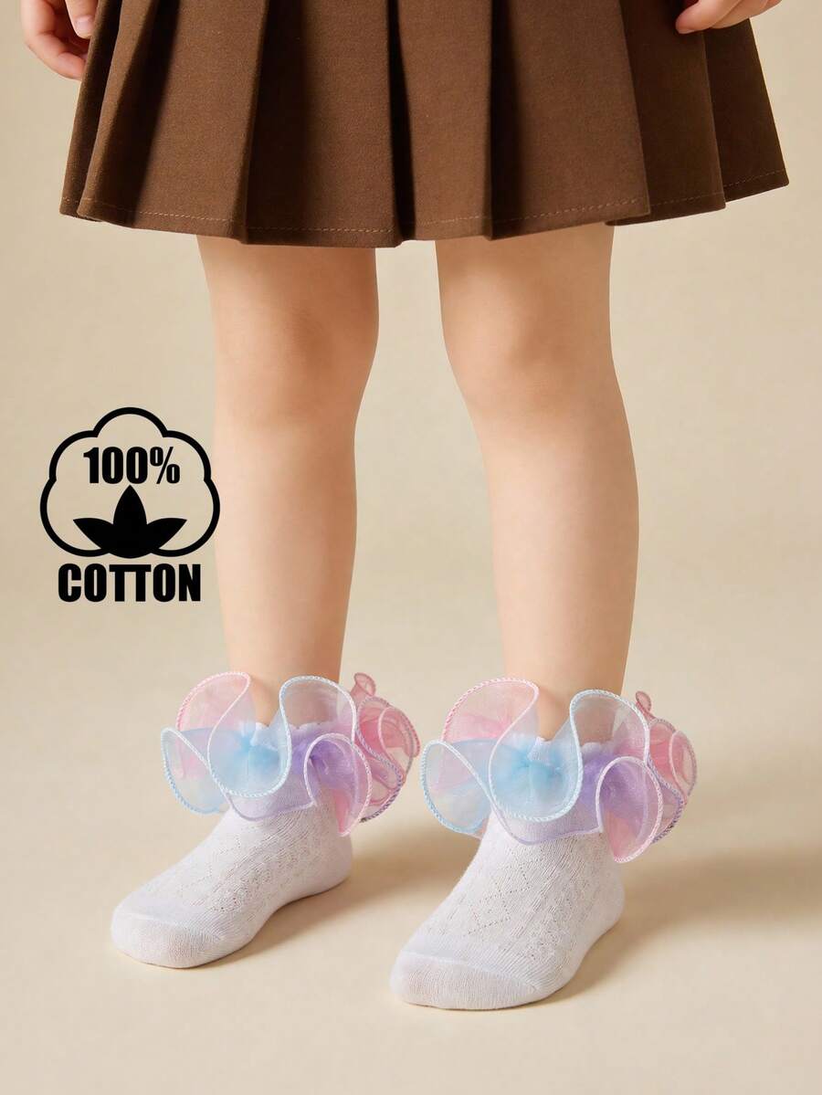 1 Pair Cotton Gradient Color Big Ruffle Dance Socks For Girls, Elegant Princess Style Short Socks For Party Outfit