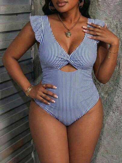 Plus Size Striped Print Twist Knot V-Neck Hollow One-Piece Swimsuit, Suitable For Vacation And Beach