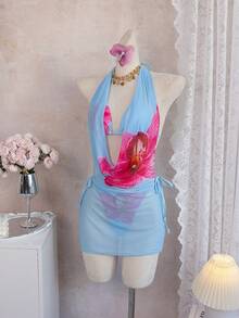 Bộ bikini 3 món xuyên thấu buộc cổ, họa tiết hoa lan đỏ rực rỡ, gợi cảm và tươi mát cho kỳ nghỉ biển, đồ bơi thoải mái và mềm mại cho kỳ nghỉ hè. - Màu xanh lam - Xem 4