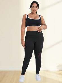 Pantalon de yoga taille haute avec contrôle du ventre pour femmes grandes tailles, leggings ajustés avec poches latérales et design bicolore, convient pour la course, l'entraînement et le port décontracté - Noir - Voir 6