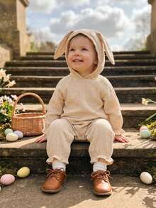 Newborn Baby Boy Girl Easter Bunny Romper Long Sleeve Cotton Linen Jumpsuit With Hood Casual Spring Clothes - 卡其色 - 查看 4