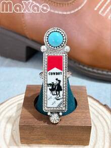 高品质女士复古波西米亚风西部印花合金弹力戒指，喷涂工艺，适合多种风格，日常佩戴或派对皆宜，2026新款上市，自用或送礼皆宜，佩戴后定能收获赞美，立即添加到您的珠宝收藏中吧！如果您满意，请给予五星好评并分享您的美照。 - 彩色 - 查看 6