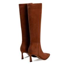 GOTHICTOR Women's Brown Knee High Boots Kitten Heel Stiletto Pointed Toe Faux Suede Long Boots Side Zipper Chic Low Heel Tall Boots - 棕色 - 查看 5