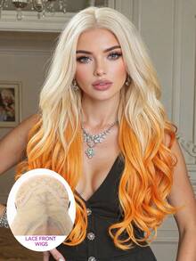 Perucă ondulată galbenă Ombre de 26 de inci, perucă sintetică multistrat cu aspect natural, păr din fibră de dantelă împletit manual de 13 * 4, potrivită pentru purtare zilnică, petrecere, nuntă, festival de muzică, cadou de Halloween - Multicolor - Vizualizare 4
