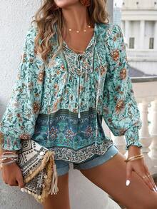 Women's Bohemian Print Long Sleeve Blouse, V-Neck Tie Front Casual Shirt, Lightweight Summer Top For Vacation Beach & Daily Outfits - 薄荷藍 - 查看 4