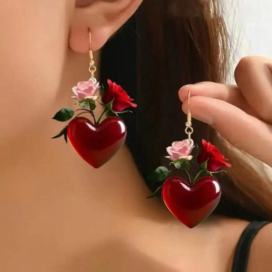 Cross-Border Hot-Selling Valentine's Day Heart-Shaped Red Rose Earrings Acrylic Flat Festival Atmosphere Women's Festival Party - 桃心耳環/對[G款] - 查看 1
