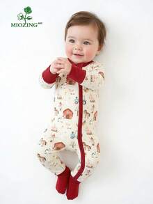 MIOZING Farm Animal Print Baby Romper Children Clothing, Bamboo Fiber Fabric,Infant Footed Jumpsuit,Toddler Outfit,Zipper Closure Cute Farmhouse Animals,Cow,Horse,Sheep,Pig,Chicken,Windmill Print,Barnyard Graphics,Cozy,Unisex Baby Apparel - 酒紅色 - 查看 1