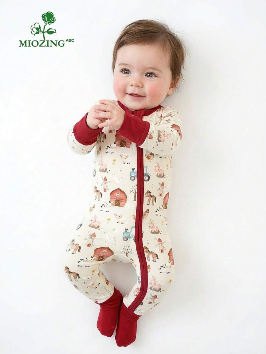 MIOZING Farm Animal Print Baby Romper Children Clothing, Bamboo Fiber Fabric,Infant Footed Jumpsuit,Toddler Outfit,Zipper Closure Cute Farmhouse Animals,Cow,Horse,Sheep,Pig,Chicken,Windmill Print,Barnyard Graphics,Cozy,Unisex Baby Apparel - 酒紅色 - 查看 1