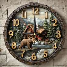 1pc 10 Inch Silent Wooden Wall Clock, Forest Black Bear & Wooden House, Wooden Frame, 2D Flat, AA Batteries Not Included, Decor For Home, Kitchen, Bathroom, Bedroom, Office, Holiday Gift,Wall Decor,Room Decor,Home Deocr,House Essentials,Picks - Multicolor/10in/25cm - View 4