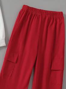 Bộ trang phục thường ngày 3 món cho bé gái tuổi teen: Áo hoodie in họa tiết, áo hai dây và quần túi hộp, thích hợp cho các hoạt động ngoài trời, dành cho bé gái tuổi teen - Đỏ - Xem 10