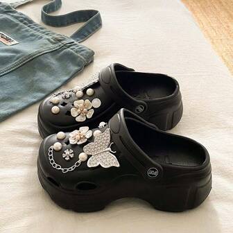 DIY Butterfly Pearl Thick Platform Hole Shoes, Fashionable Garden Clogs For Women, Summer Party Casual Cute Cartoon EVA Beach Shoes For All Seasons