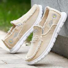 Popular Lace-Free Casual Daisy Embroidery, Raw Edge Decorative Canvas Women's Shoes, Light And Breathable, Soft And Comfortable Lazy One-Step Women's Shoes, Suitable For Going Out, Home, Walking - 米色 - 查看 3