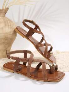 女士简约条纹人字拖平底凉鞋，时尚百搭舒适夏季新款平底凉鞋 - 摩卡棕 - 查看 5