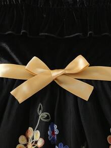 Young Girl Korean Velvet Off-Shoulder Strap Top With Ruffle Hem, Embroidered Floral Mesh Hem Belted Dress, Suitable For Outdoor, Party, Spring/Summer - Black - View 6