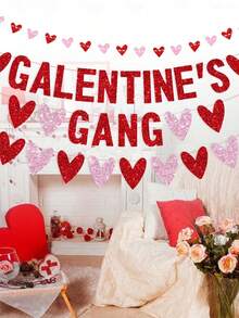1 Set GALENTINE'S GANG Pink Glitter Letter Banner, Valentine's Day Party Background Decor Garland, Red Letter Heart Bunting Flags, Galentine's Day Valentine's Anniversary Party Decoration - Multicolor - View 1