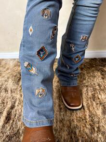 Women's Texas Country Embroidered Flare Jeans - Agro Style - 藍色 - 查看 5