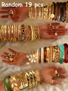 复古优雅复古硬币灵感25-4件套金属多元素几何不规则豹纹厚扎染树脂手链套装，仿珍珠五瓣花蝴蝶结圆形波浪交叉镂空宽手镯套装，极简夸张Y2K高端多层叠戴首饰，适合男女情侣派对结婚周年纪念礼物，日常佩戴 - 彩色 - 查看 18