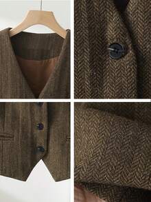 Women's Layered English Retro Coin Style Casual Wool Blend Sleeveless Vest, Suitable For Commuting