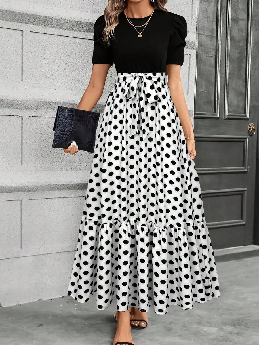 Keke Bloomly 女士优雅A字连衣裙，泡泡袖蝴蝶结装饰 - 圆领，可机洗，适合春夏休闲至半正式场合，应季时尚，尽显女性柔美气质，轻盈面料，时尚女士之选，春假节日优雅连衣裙