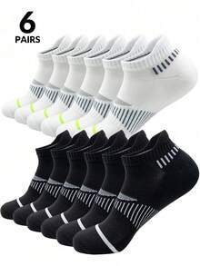 6/12 双装男士短袜，黑白配色，白色袜子饰有灰黑条纹和荧光绿滚边，黑色袜子饰有灰白条纹细节，舒适吸湿排汗运动袜，适合日常锻炼、健身和休闲穿着。 - 彩色 - 查看 8