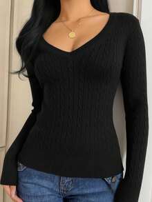 韩版优雅V领绞花针织女式毛衣，2026新款高品质休闲简约纯色套头衫 - 黑色 - 查看 1
