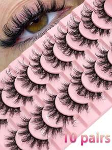 10 对蓬松交叉猫眼假睫毛；黑色强力支撑带；自然纤细的假睫毛；仿貂毛假睫毛；柔软扇形卷翘睫毛。