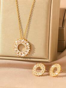 3 件套奢华三重 CZ 滑动圆项链、锁骨链和耳环套装，18k 镀金铜首饰，女士日常、约会、婚礼、情人节、母亲节配饰或礼物（无卡） - 金色 - 查看 9