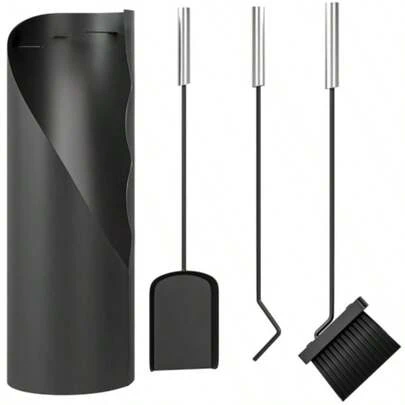 Fireplace Tool Set, 4-Piece Fireplace Accessories With Brush, Shovel, Poker And Basket, Fireplace Set, Metal, Black