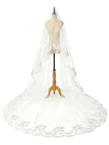 1pc 2.6m Long White Single Layer Lace Trim Bridal Veil, Wedding Ceremony Photoshoot Accessory - White - View 6