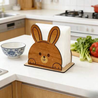 2D Wooden Easter Bunny Napkin Holder Set, Thick & Stable, Farmhouse Style Napkin Dispenser For Restaurant, Bar, Kitchen Countertop Decor, No Electricity Required